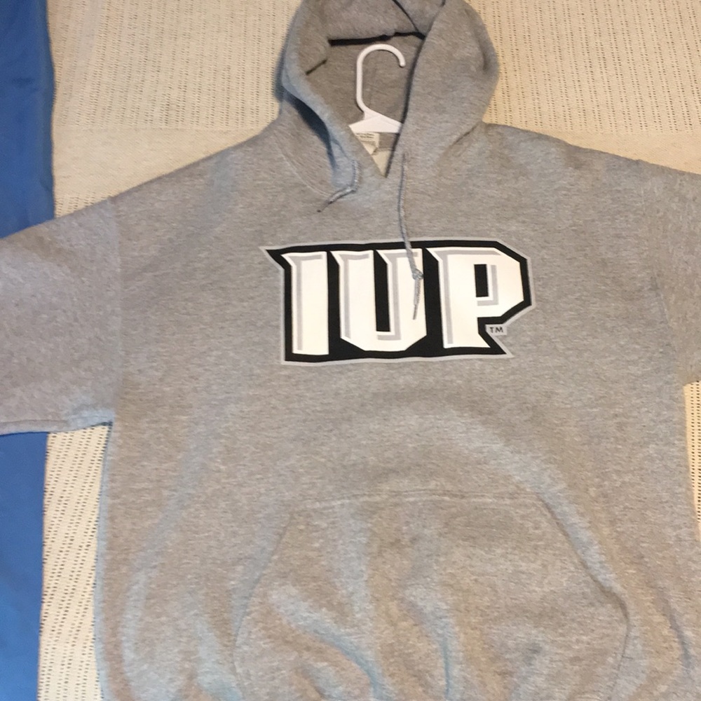 IUP gray hoodie w/ white lettering, black outline
